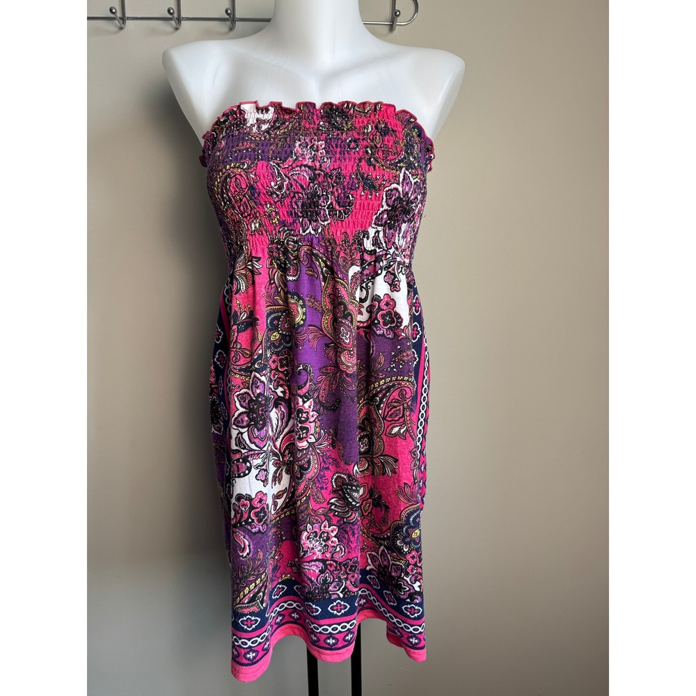 Ultra Flirt Strapless Smocked Paisley Floral Mini Dress Pink Purple Boho Small